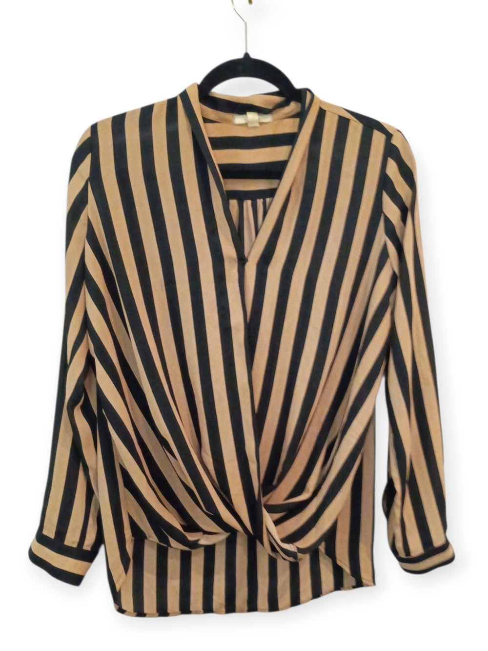 PLEIONE || Striped Twist-Front V-Neck Blouse - Tan & Black Sz. M